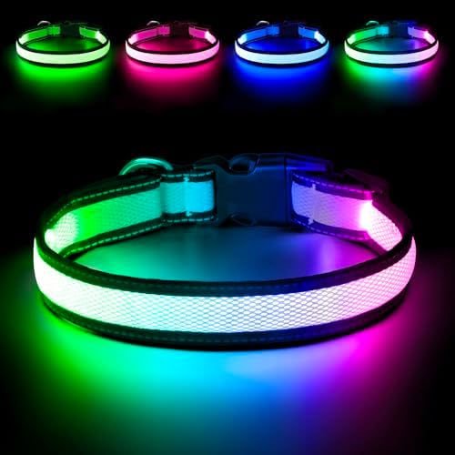 Flashseen Multicolor LED Light Up Dog Collar, RGB 9-Mode, USB Rechargable