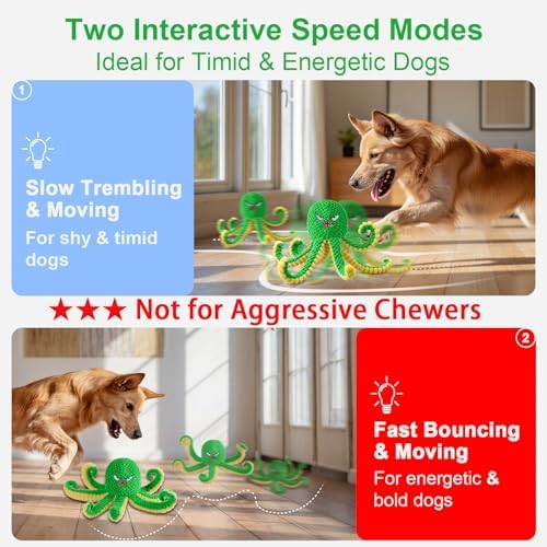 Interactive Dog Toys Octopus,Durable Automatic Jumping Dog Toy to Keep Them Busy,Squeaky Moving Tug of War Doggie Toy,USB Rechargeable,Not for Aggressive Chewers (Green) | Durable Squeaky Tug of War Dog Toy for Small/Medium/Large Dogs,USB Rechargeable,...