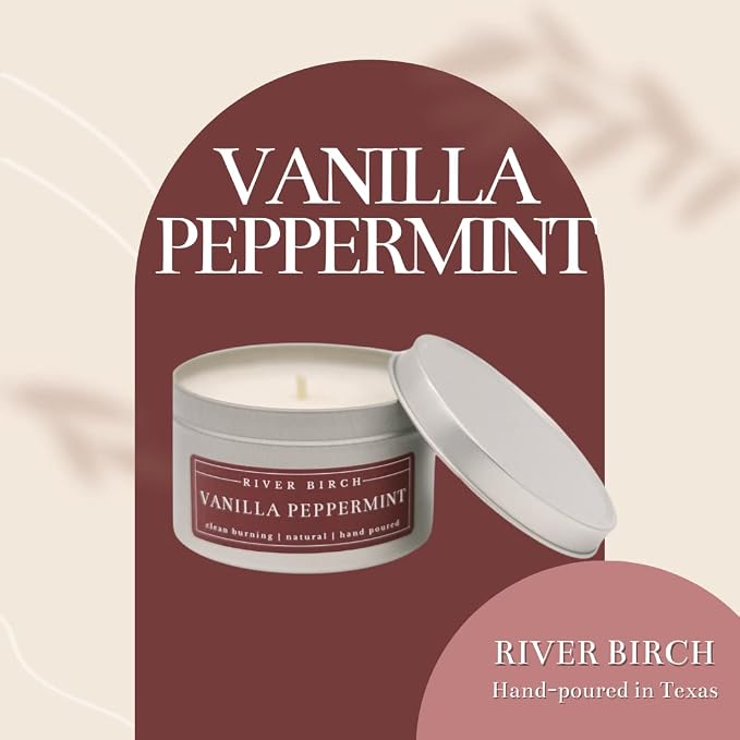 River Birch Candles Vanilla Peppermint Scented Candle | Premium, All-Natural, Non-Toxic, Soy Candles | 8 oz. Silver Tin Travel Candle | Cozy Relaxing Gifts for Home