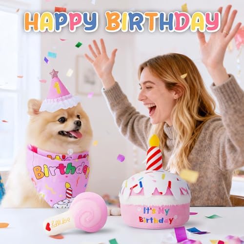 KIPRITII Dog Birthday Supplies with Cake Toys, Bandana & Hat for Small Dog