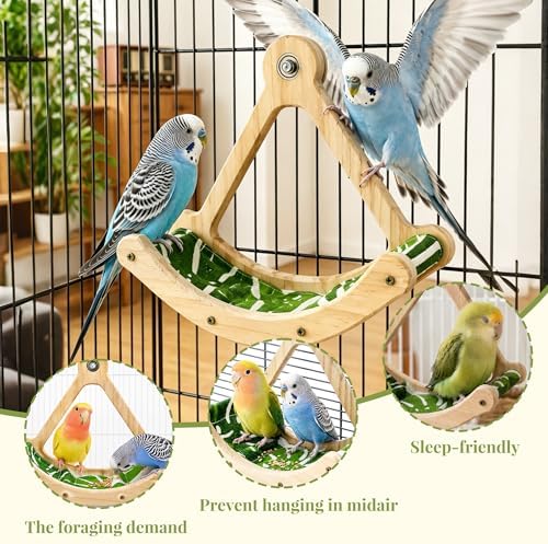 FlidRunest Upgrade Bird Perch Toy with Hammock, Interactive Rocking Parakeet Foraging Toys Green Fabric Mat Hammock, Wooden Exercise Wheel Birds Enrichment Toy Cage Accessories for Budgies Conure