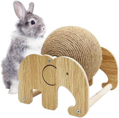 Fhiny Rabbit Scratch Toy, Natural Sisal Rabbit Scratching Ball Cute Sisal Rope Bunny Claw Scratcher Rotating Ball Interactive Toys Nail Scratching Post for Indoor Pets Kittens Ferrets Elephant Shape