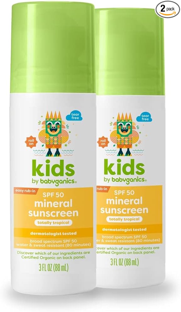 Babyganics SPF 50 Kids Mineral Sunscreen Roller Ball, Totally Tropical | UVA UVB Protection | Octinoxate & Oxybenzone Free | Water Resistant | 2 Pack (3 ounce)