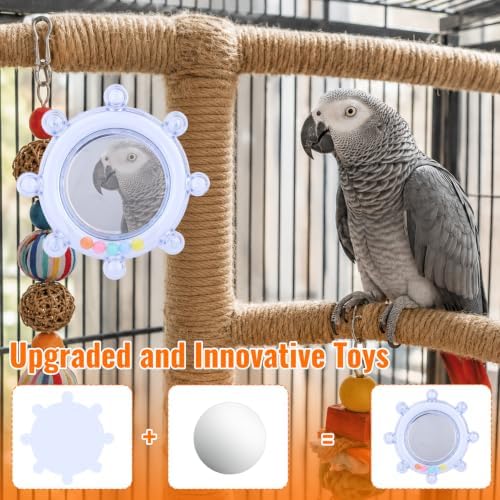 2pcs Bird Mirror Toy with Rustle Balls for Cage (Blue, Green)