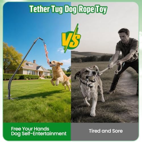 Tether Tug Outdoor Dog Rope Toy, Adjustment Height Upgraded Spring Pole, Includes 3 Chew Ropes, Interactive Tug of War Toy for Large Medium Small Dogs, Exercise Game in Yard, Lawn, Park