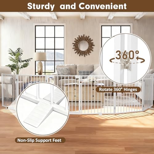156" Extra Wide Dog Gate, Heavy Duty Metal Freestanding Dog Gate with Door for Indoor & Outdoor, Foldable Pet Fence for Doorways,House,Porch,Deck,Yard,Stairs, Auto Close(6 Panels,White)