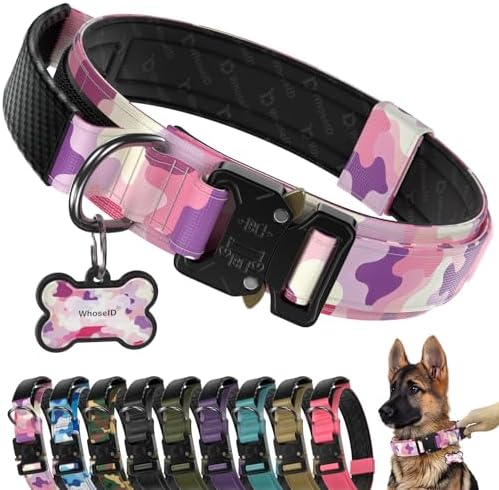 Premium Tactical Dog Collar - Adjustable Military Heavy Duty Dog Collar for Medium Large Dogs - Durable Metal Buckle Dog Collar with Leather Control Handle and Soft Comfortable Padding