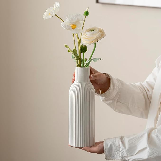 Modern Ceramic Vases Set of 3, White Ribbed Decorative Vases, Shelf Table Centerpiece for Home Decor, Birthday Gifts for Women, Mom, Grandma Decorative (White)