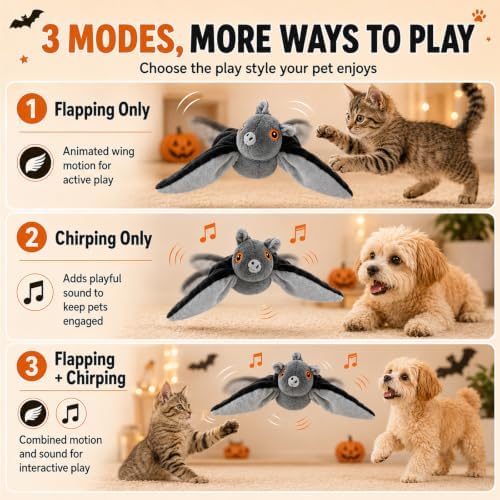 Bat Dog Toy, Interactive Flapping Wings and Chirping Sounds, Rechargeable Hanging and Ground Chase Toy for Small Dogs and Cats