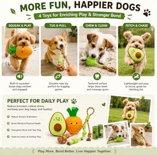 Cute Dog Toys for Small Dogs, Vegetable Puppy Toy Set with Squeaky Carrot, Avocado Plush & Rope Tug Toys, Interactive Puppy Starter Kit (Bright Orange)