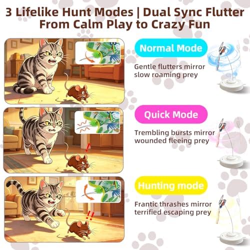 Interactive Cat Toys, Dual-Motor with Butterfly, Hidden Feathers & Plush Reed, 3 Animal Sounds, 3 Hunt Modes, Touch Activated, Rechargeable Hide & Seek Cat Toys for Bored Indoor Adult Cats & Kitten