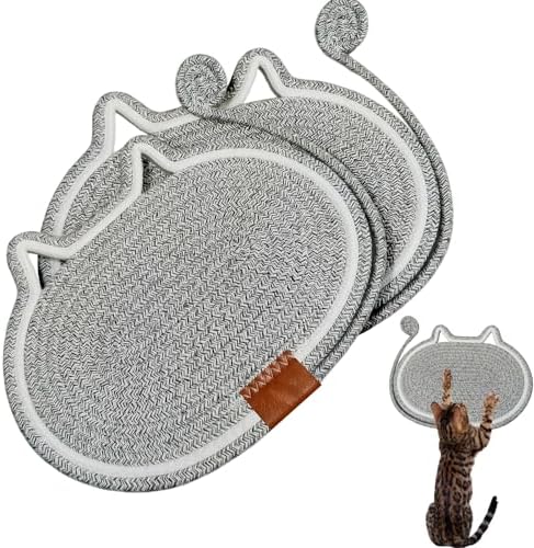 Cat Scratcher Mat Natural Cotton Rope Oval Horizontal Floor Cat Scratch Bed Pad with Ball Toy Protector for Furniture Floor Wall (Grey, 2 PC)