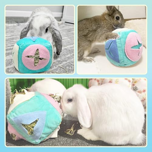Large Rabbit Foraging Toy with Bell, Washable Snuffle Ball for Rabbits Toys Interactive Puzzle Bunny Toy Treat Dispenser Encourage Natural Foraging Skills Slow Feeder for Small Animals - Blue