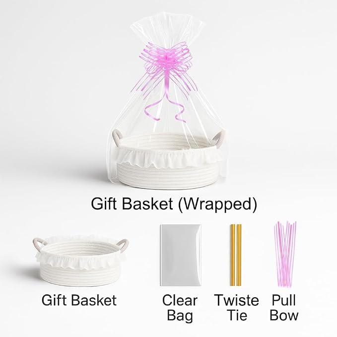 Yimi's Dream White Cotton Rope Gift Basket with Handle and Lace, 12 x 8 in | Woven Storage Basket with Handle for Baby Shower, Easter, Housewarming, First Communion, Wedding, Nursery, Towels, and Gifts