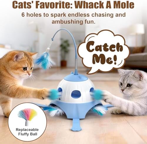 Casfuy 3-in-1 Interactive Whack-a-Mole & Rotating Feather Wand Cat Chasers Toy with Plush Tail, Blue