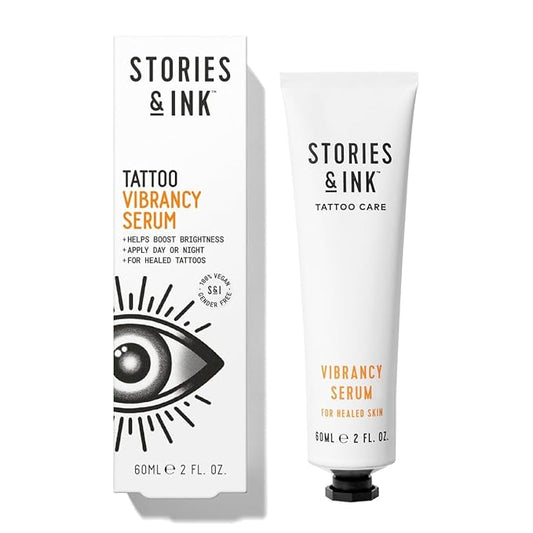Stories & Ink Tattoo Care | VIBRANCY SERUM for healed skin - Overnight Treatment for Faded Tattoos to Brighten Pigments & Enhance Ink Intensity, 60 mL / 2 Fl Oz