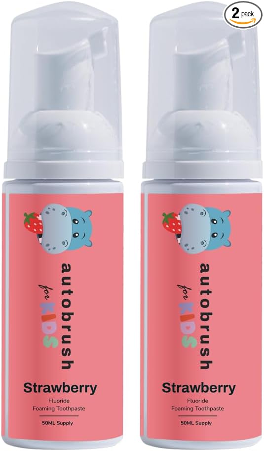 Autobrush Fluoride Foaming Toothpaste for Kids, Strawberry Flavor, Whitening & Deep Cleaning, Travel Friendly, Anti-Cavity (Pack of 2)