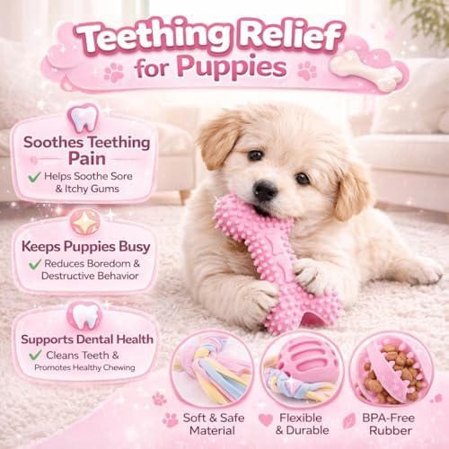 Puppy Chew Toys, 6 Pack Puppy Teething Toys for Small Breed, Soft Rubber Cute Pink Dog Toys, Eco-Friendly, Teeth Cleaning Interactive for Small Dogs (Basket not Included)