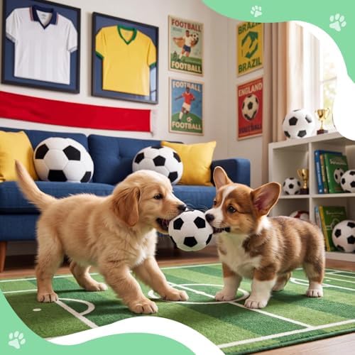Blueweenly 6 Pcs Stuffed Soccer Ball Dog Toys, 4 Inch Squeaky Football Dog Toys, Soft Interactive Chew Indoor Outdoor Playing Supply for Small Medium Large Pet Rolling Tossing Chasing Games, White