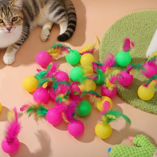 Veemoon Cat Feather Toy 24 pcs Interactive Feather Ball for Cats Sounding Teaser Play Balls 3.34 X 1.49 X 1.49 in Indoor Exercise Supplies for Home or Shop