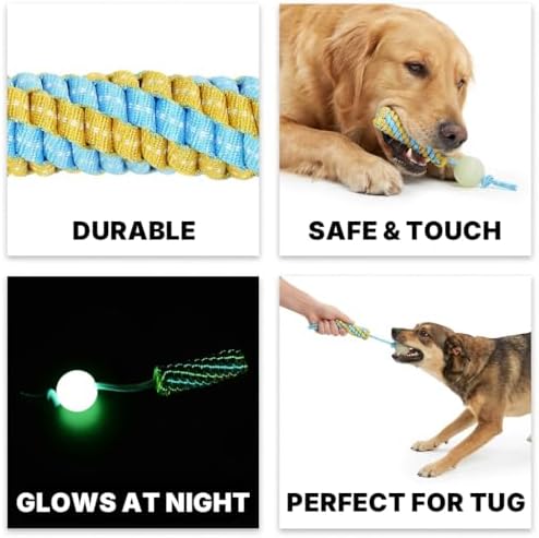 Knot Rope Dog Chew Toys, Glow in the Dark Dog Tug Toy with queaky Ball
