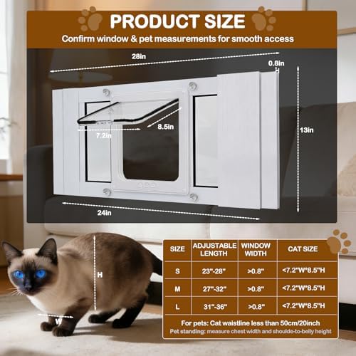 Cat Door for Window, Quick Installation Adjustable Width of 24"-28", 4 Locking Modes, Magnetic Closure Design, Weatherproof Cat Door Window Insert