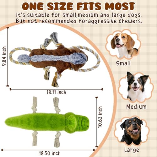 No Stuffing Dog Toy Set Squeaky Plush Toys for Large Dogs, Indoor putdoor Interactive Puppy Teething Toys,Rope Crocodile and Honey Badger Shape for Small Medium Dog Not for Aggressive Chewers