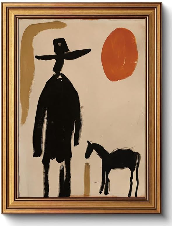 Western Desert Gold Framed Wall Art Abstract Cowboy Horse Sunset Wall Decor | Southwestern Vintage Pictures Canvas Art Minimalist Small Framed Print Artwork for Bedside Table Foyer Bookshelf Gallery Wall