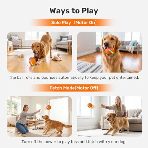 Niubya Interactive Dog Ball Toy, Activated Automatic Rolling Ball for Large Dogs, USB Rechargeable Pet Toy with LED Light
