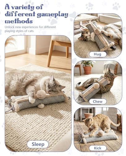 16.5" Sisal Catnip Kicker Toy for Indoor Cats,Heavy Duty Cat Scratching Pillow with 24" Bonus Rope,Washable & Refillable Catnip Toy for Aggressive Kickers,Chewing & Teething, Sisal Mat Texture (Grey)