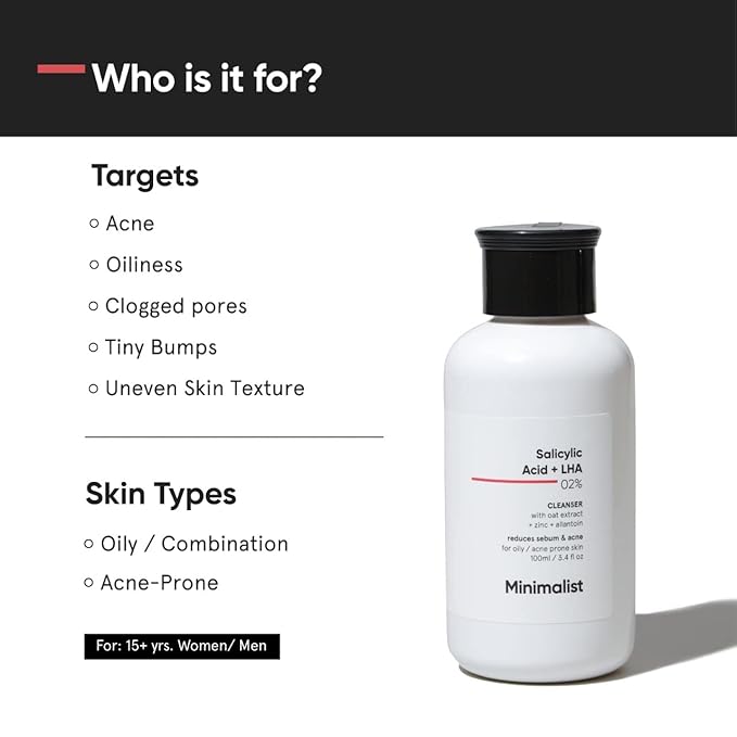 Minimalist 2% Salicylic Acid Face Wash for Oily, Acne Prone Skin | Anti Acne Face Wash With LHA & Zinc | Sulphate free Gentle BHA Liquid Exfoliant | For Women & Men | 3.4 Fl Oz / 100 ml