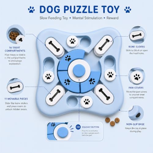 Dog Puzzle Feeder Toy, Interactive Treat Dispensing Puzzle Game, Slow Feeder Bowl for IQ Training, Treat Hiding, Foraging Play, Mental Stimulation and Enrichment for Small and Medium Dogs