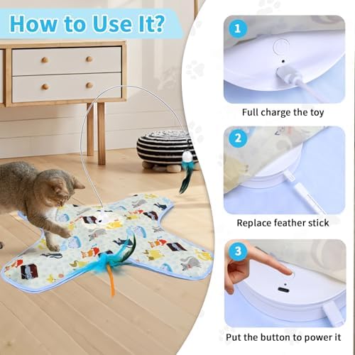 DFQ Interactive Cat Toy,3 in 1 Hide and Seek for Indoor Cats, Rechargeable Touch-Activated Moving Feather Wand with Concealed Motion, Play Toy for Kittens and Adult Cats (Yellow)