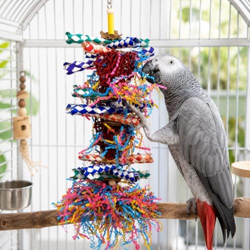 Bonka Bird Toys 1042 Huo Foraging Hearts Bird Toy for Medium Large Birds Interactive Shredding and Chewing Cage Toy Colorful Palm Leaf and Paper Enrichment Toy 12.5"