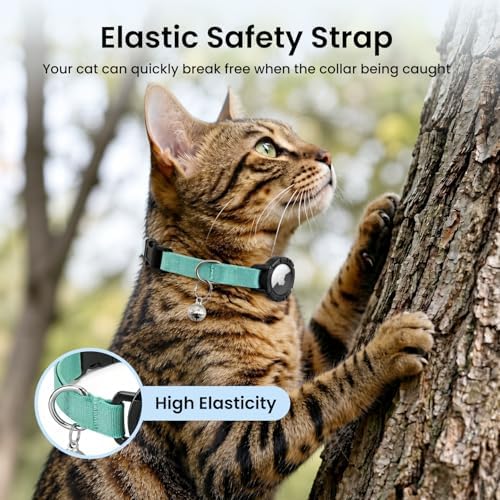 Reflective AirTag Cat Collar, Integrated Cat Collar with Air Tag Holder | Built in AirTag Holder, Adjustable 7-13in for Cats, Kittens and Puppies, Safety Elastic Band, Reflective for Night Walking