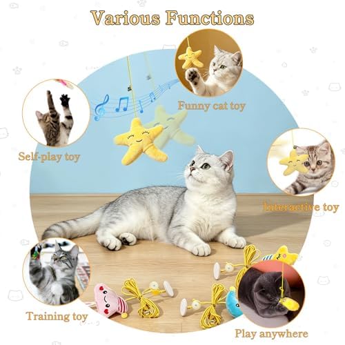 Hanging Door Cat Toy with Elastic String, Interactive Cat Toys for Indoor Cats, Retractable Door Hanging Cat Teaser with Bell/Feather/Plush for Self-Play (5 Pack)