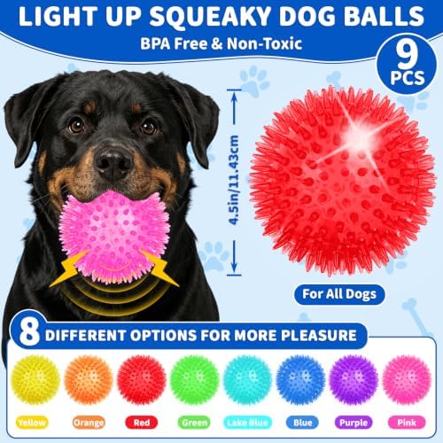 9 Pcs 4.5 in Light Up Squeaky Dog Balls 8 Colors LED Spiky Dog Toy Ball Glow in The Dark Interactive Fetch Ball TPR Bouncy Floating Toy for Aggressive Chewers Medium Large Dogs Indoor Outdoor