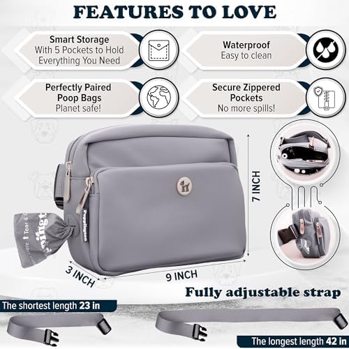 Puppington 3-in-1 Crossbody & Dog Treat Pouch for Pet Training - Matching Compostable Poop Bags, Built-In Poop Bag Dispenser & Slow-Feeding Travel Dog Bowl - Dog Walking Bag (Charcoal Gray)