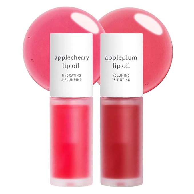 NOONI Korean Lip Oil Set - Applecherry & Appleplum | Long-Lasting, Moisturizing, Plumping, Revitalizing for Dry Lips, Waterproof, No Peel Off, Stocking Stuffers, 0.12 FL Oz x 2ea