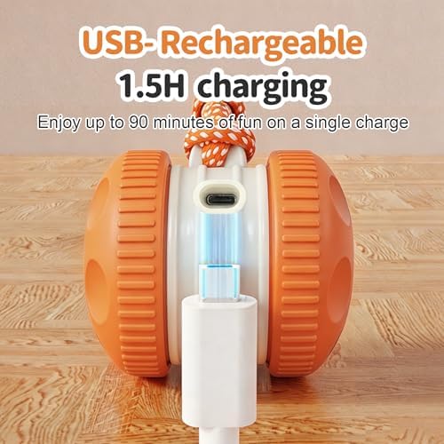 Interactive Dog Toys, Automatic Rolling Ball with Rope, Orange