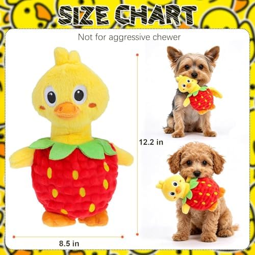 EXPAWLORER Interactive Squeaky Dog Chew Toy, 2-in-1 Detachable Strawberry & Duck Dog Toys, Stuffed Soft Plush Crinkle Fetch Toy with Squeakers in Head & Body for Puppy Small Medium Dogs, Yellow & Red