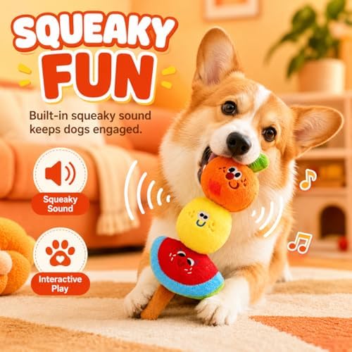 Plush Fruit Dog Toys Cute, Crinkle & Squeaky Dual-Sounded Chewer Toy, Interactive Puppy Chew Toy for Small, Medium Dogs