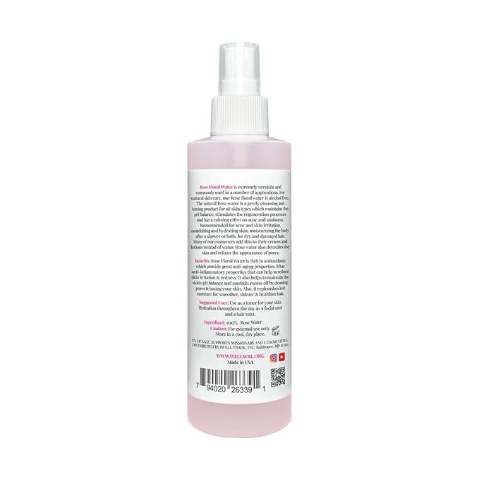 Well's Oil Rose Water Mist Spray (8 fl oz) | Floral Rose Water Hydrosol | Alcohol-Free | for Skin & Hair Use