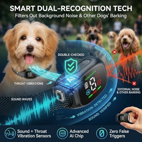 Anti Bark Vibration Collar Device for Large Medium Small Dogs 6-150lbs Smart Ai Automatic Puppy Dog Beep No Shock Barking Training Collars Rechargeable IP67 Waterproof Adjustable 8 Sensitivity