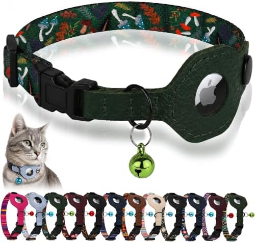 Breakaway Cat Collar with Leather AirTag Holder & Bell - Apple Air Tag Cat Collars for Girls & Boys, Lightweight Anti-Lost GPS Tracker Design, Printed Pattern - Safety and Adjustable (Mushroom)