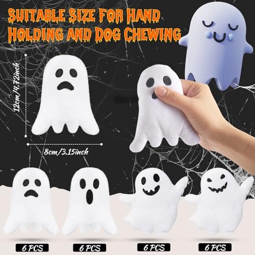 Civaner 24 Pcs Halloween Squeaky Dog Toys Bulk Ghost Stuffed Plush Toys for Dogs Interactive Teething Chew Plaything for Halloween Small Medium Large Pets Teething Cleaning and Training