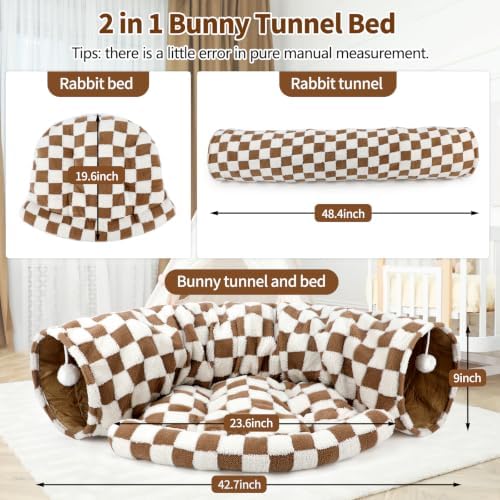 BWOGUE Bunny Tunnel Bed, Brown Plaid 2-in-1 Rabbit Tunnel Hideout with Mat