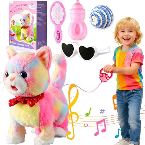 Colorful Leash Walking Cat for Girls Set Toy Interactive Talking Singing Cat Kids Remote Control Walking Kitten Dancing Kitten Mimicking Robotic Kitty That Meow and Purrs Robot for Toddlers Baby