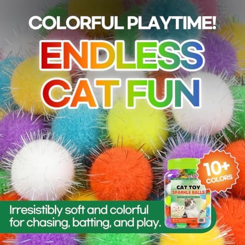 T TORTO9 200Pcs Sparkle Tinsel Cat Toy Balls in Jar - 1" Colorful Pom Poms