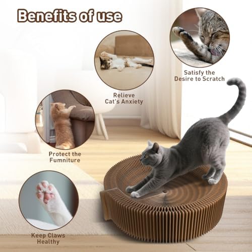 Cat Bed Scratcher Lounge - Cardboard Collapsible Pet Scratching Pad, Round Cat Scratch Nest for Indoor Big Large Kitty Kitten